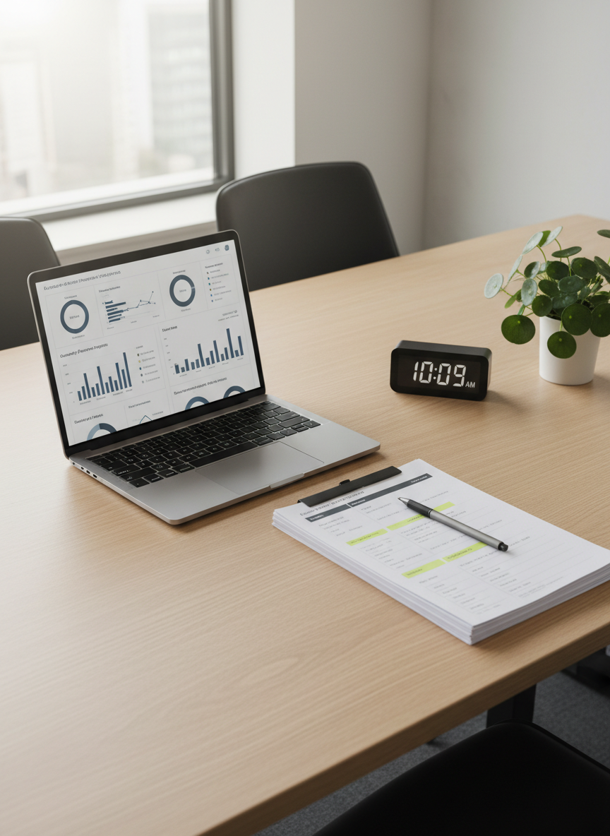 A tidy Japanese-style corporate meeting table made of light oak holds an open laptop showing a dashboard of automated AI-generated reports in muted blues and grays. Beside it, printed documents with highlighted sections and a slim graphite mechanical pencil are aligned with precision. A minimalist digital clock and a small green indoor plant sit at the edge of the frame. Soft, diffused overhead office lighting and gentle window light combine to eliminate harsh shadows, creating a clean, balanced illumination. Photographic realism, shot from a slightly elevated perspective, following the rule of thirds so the laptop screen anchors the composition. The atmosphere is methodical and trustworthy, evoking the feeling of a non-IT professional using generative AI to streamline routine reporting tasks.
