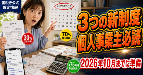 インボイス3割特例・70%控除・電帳法青色75万円控除 ─ 個人事業主が2026年10月までに押さえる5つの準備【AI会計活用版】