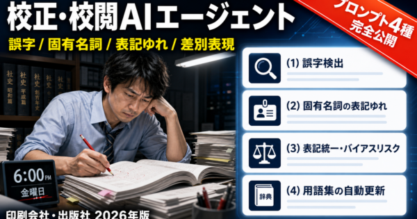 【印刷会社・出版社】校正・校閲AIエージェント——誤字脱字・固有名詞・表記ゆれ・差別表現を一括チェックする仕組み【プロンプト4種完全公開2026年版】