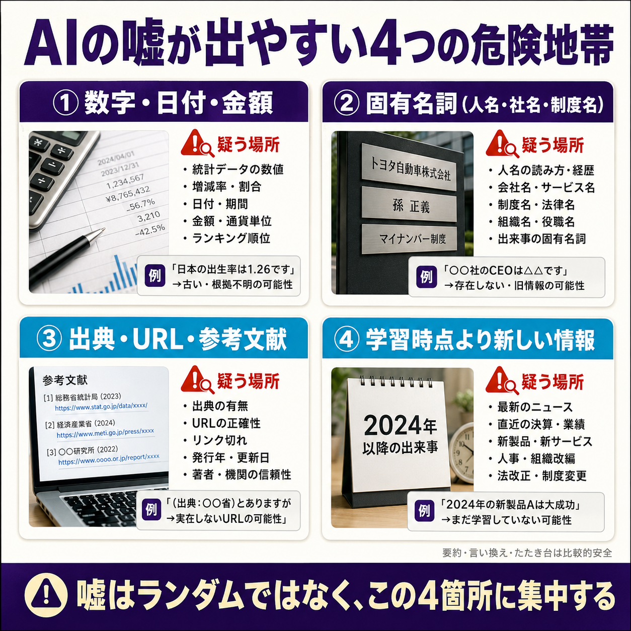 AIの誤りが集中する4つの危険地帯(数字・金額/固有名詞/出典・URL/最新情報)を2×2のマップで示し、ここだけを確認すればよいことを表した図