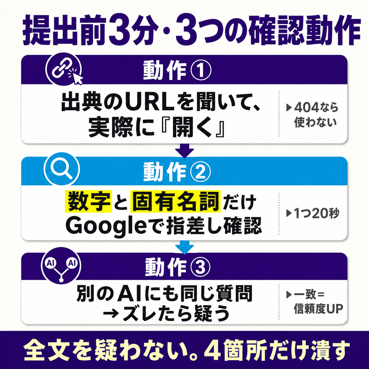 提出前3分でできる3つの確認動作(①出典を実際に開く②数字と固有名詞をGoogleで指差し確認③別のAIと突き合わせる)を上から下へ示した手順フロー図