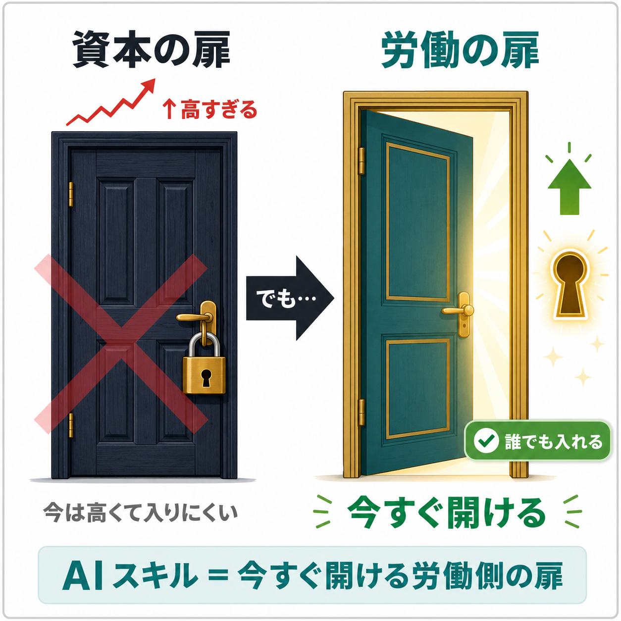 「資本の扉(株を保有して値上がりで受け取る)」と「労働の扉(AIを使いこなし効率化・市場価値・副業で受け取る)」を左右2枚の扉として対比し、非IT職でも開けるのは右の労働の扉だと示すフレーム図