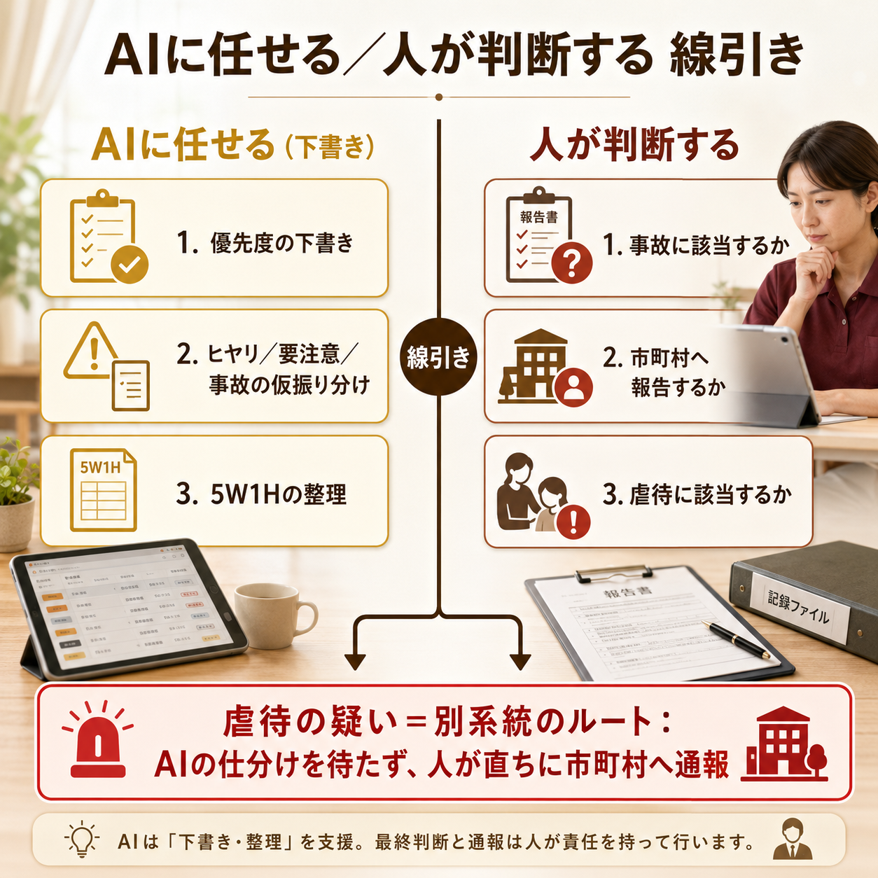 AIに任せる領域（優先度の下書き・仮振り分け・5W1Hの整理）と人が判断する領域（事故該当・市町村への報告要否・虐待該当）の線引き図。虐待通報は事故報告とは別系統のルートで示される