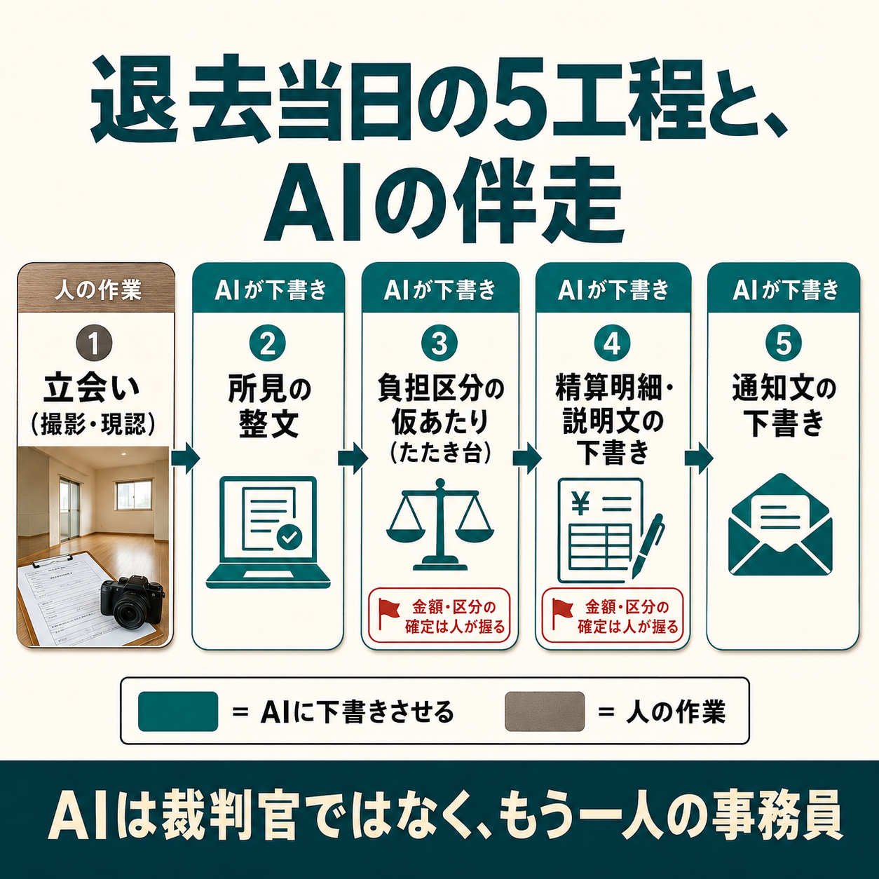 退去当日の業務を①立会い②所見の整文③負担区分の仮あたり④精算明細・説明文⑤通知の5工程で示し、AIに下書きさせる工程と人が判断する工程を色分けしたフロー図