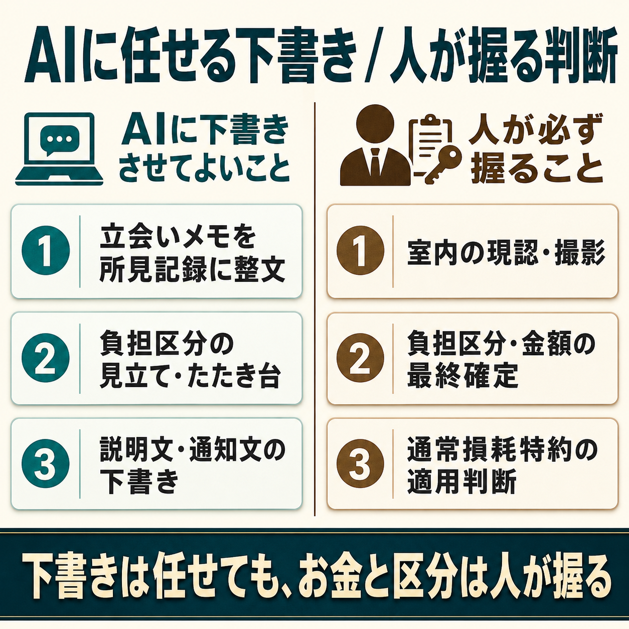 退去精算でAIに下書きさせてよいこと(所見の整文・見立て・説明文の下書き)と、人が必ず握ること(現認・負担区分の確定・金額の確定・特約適用の判断)を左右で対比した比較図