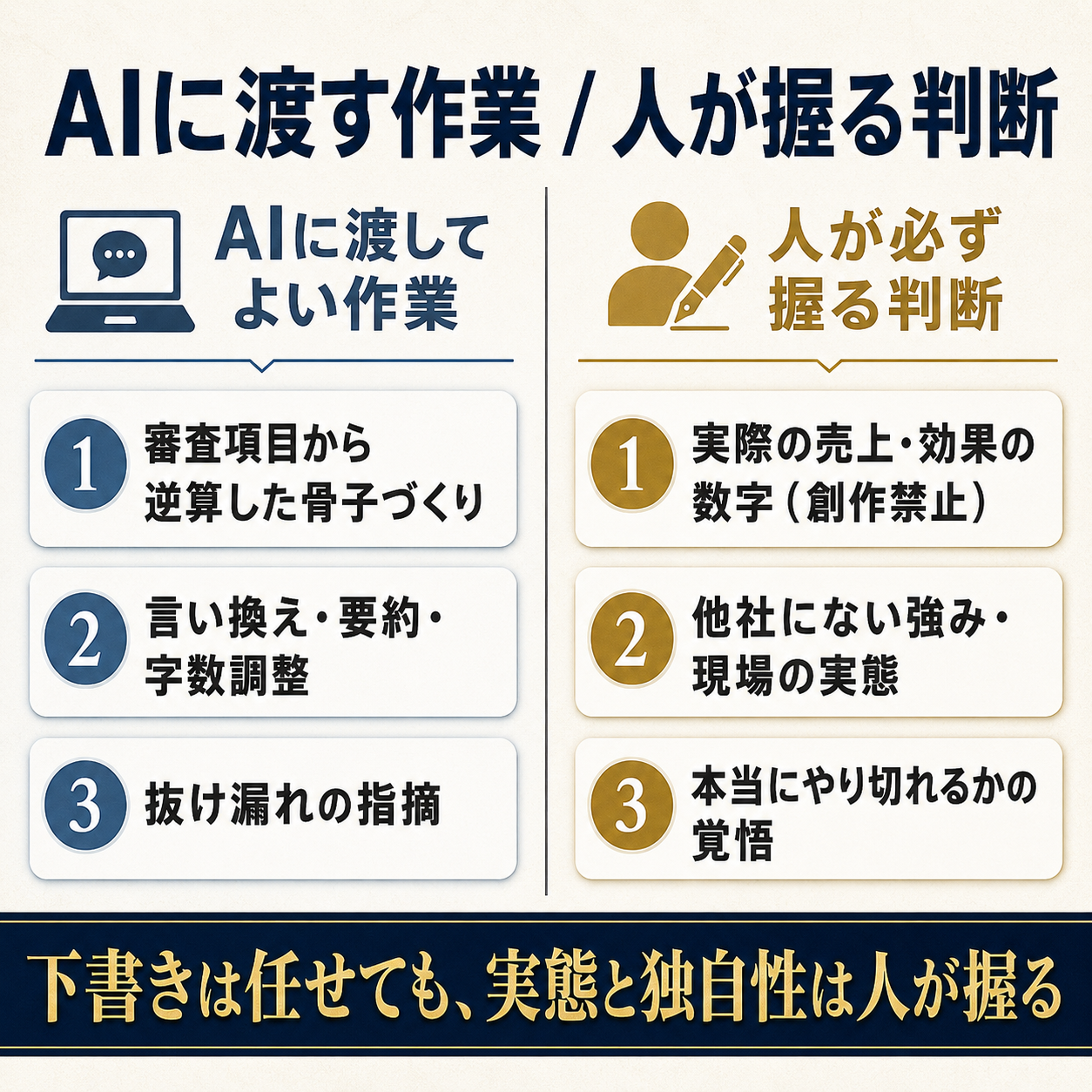補助金申請でAIに渡してよい作業と人が必ず握る判断を左右に分けた線引き図。左=AIに渡す(構成・章立て/文章の整え/抜け漏れ点検)、右=人が握る(独自性の核/事業の実現性/実際の数値・根拠=創作禁止)