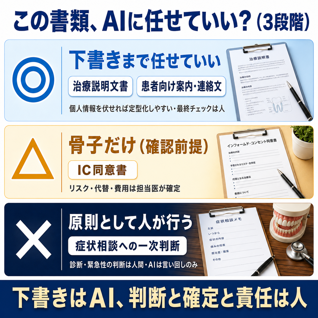歯科の書類をAIに任せていいかを3段階で示した逆引き図。◎下書きまで任せていい(治療説明文書・患者向け案内文)、△骨子だけ(IC同意書)、✕人が行う(症状相談への一次判断)と、それぞれの根拠を並べた図