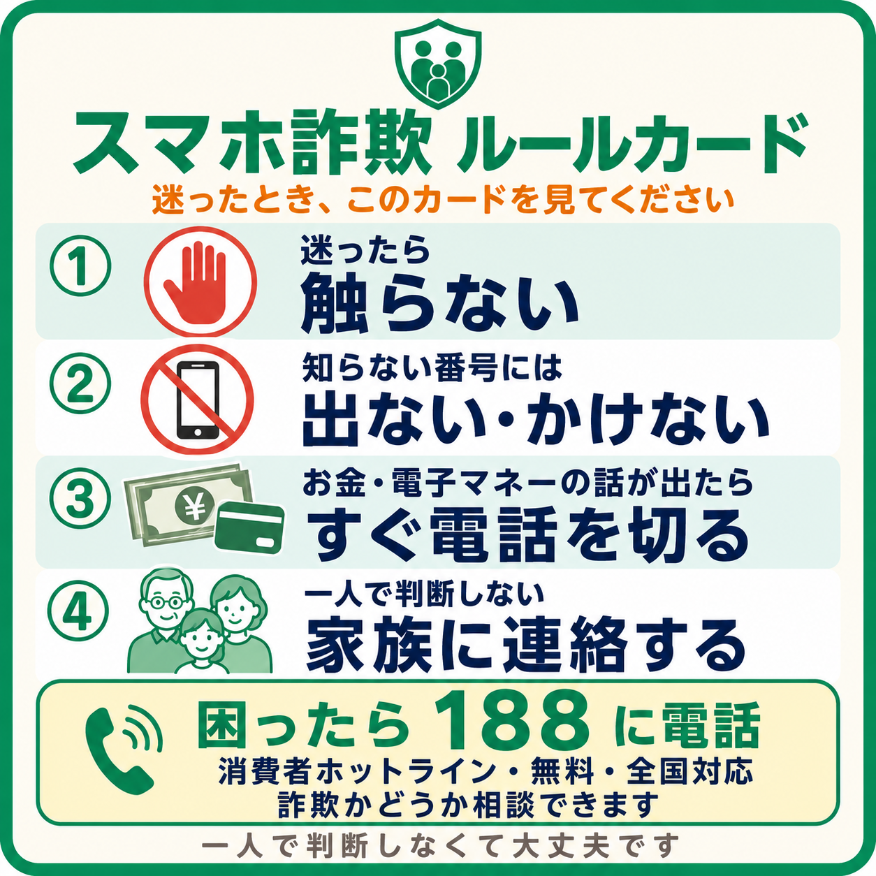 親に渡すスマホ詐欺ルールカード。URLを押さない・電子マネーは必ず詐欺・画面が消えなければ電源を切る・困ったら家族に電話・不安なら188、の5つを大きな文字でまとめたカード