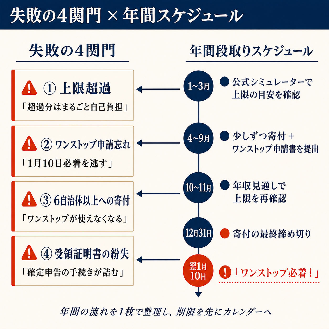 ふるさと納税で初心者がはまる失敗の4関門(上限超過・ワンストップ申請忘れ・6自治体以上・受領証明書の紛失)と1〜12月の年間段取りスケジュール