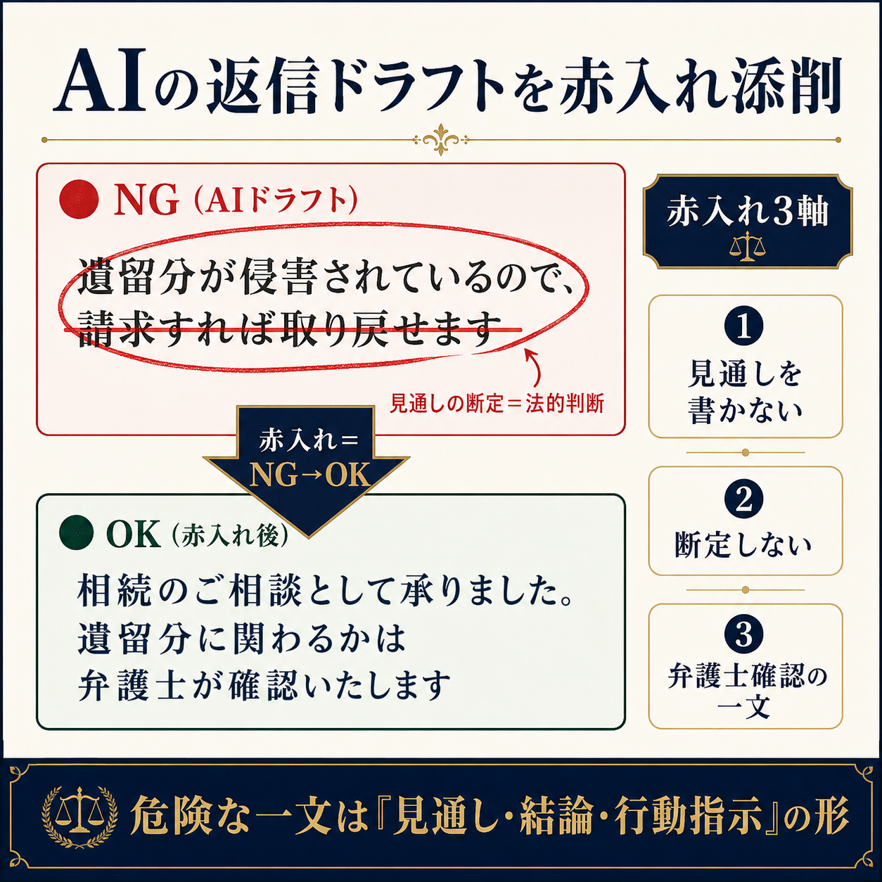 AIの返信ドラフトの赤入れ添削を示すビフォーアフター図。上のNG例(見通しを断定する危険な一文)に赤線と赤丸が入り、下のOK例(承りました+弁護士が確認します+次の段取り)へ修正される。右に赤入れ3軸(見通しを書かない・断定しない・弁護士確認の一文)を併記
