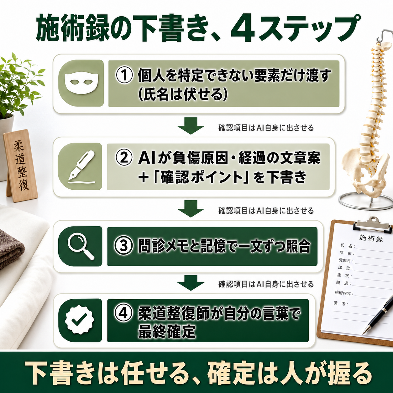 施術録の負傷原因・経過をAIで下書きする手順(①個人特定情報を伏せて渡す②AIが文章案と確認ポイントを下書き③問診メモと一文ずつ照合④柔道整復師が最終確定)を上から下へ示した手順フロー図