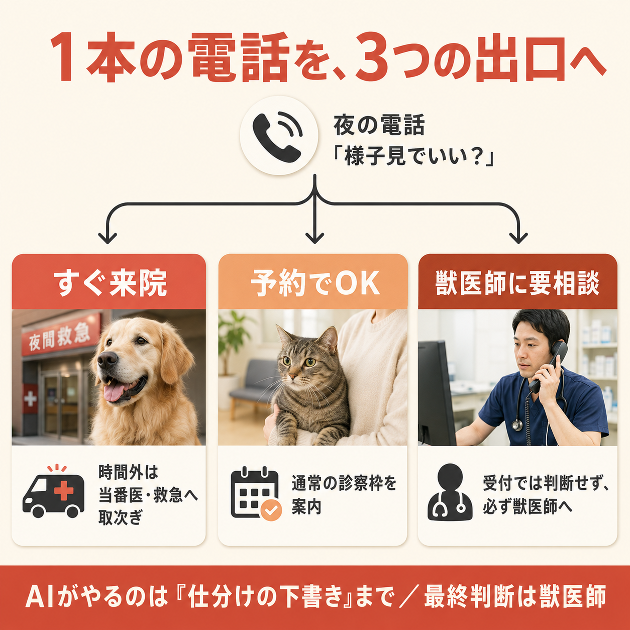 動物病院の夜の電話「様子見でいい?」を、すぐ来院・予約でOK・獣医師に要相談の3つの出口へ仕分ける分岐図。AIがやるのは仕分けの下書きまでで、最終判断は獣医師が行うことを示す