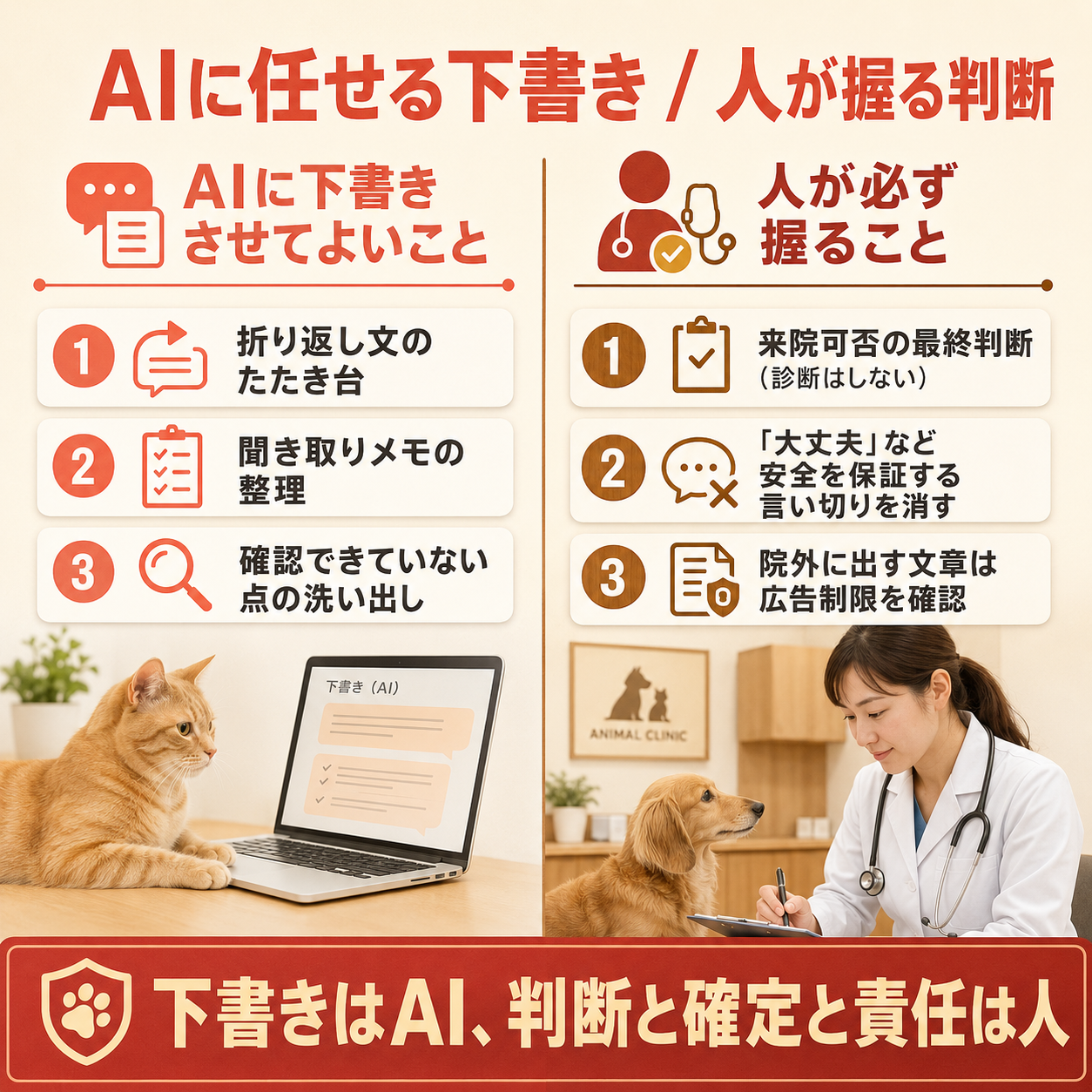 動物病院でAIに下書きさせてよいこと(折り返し文のたたき台・聞き取りの整理・確認できていない点の洗い出し)と、人が必ず握ること(来院可否の最終判断・安全を保証する言い切りを消す・院外文書は広告制限を確認)を左右で対比した比較図