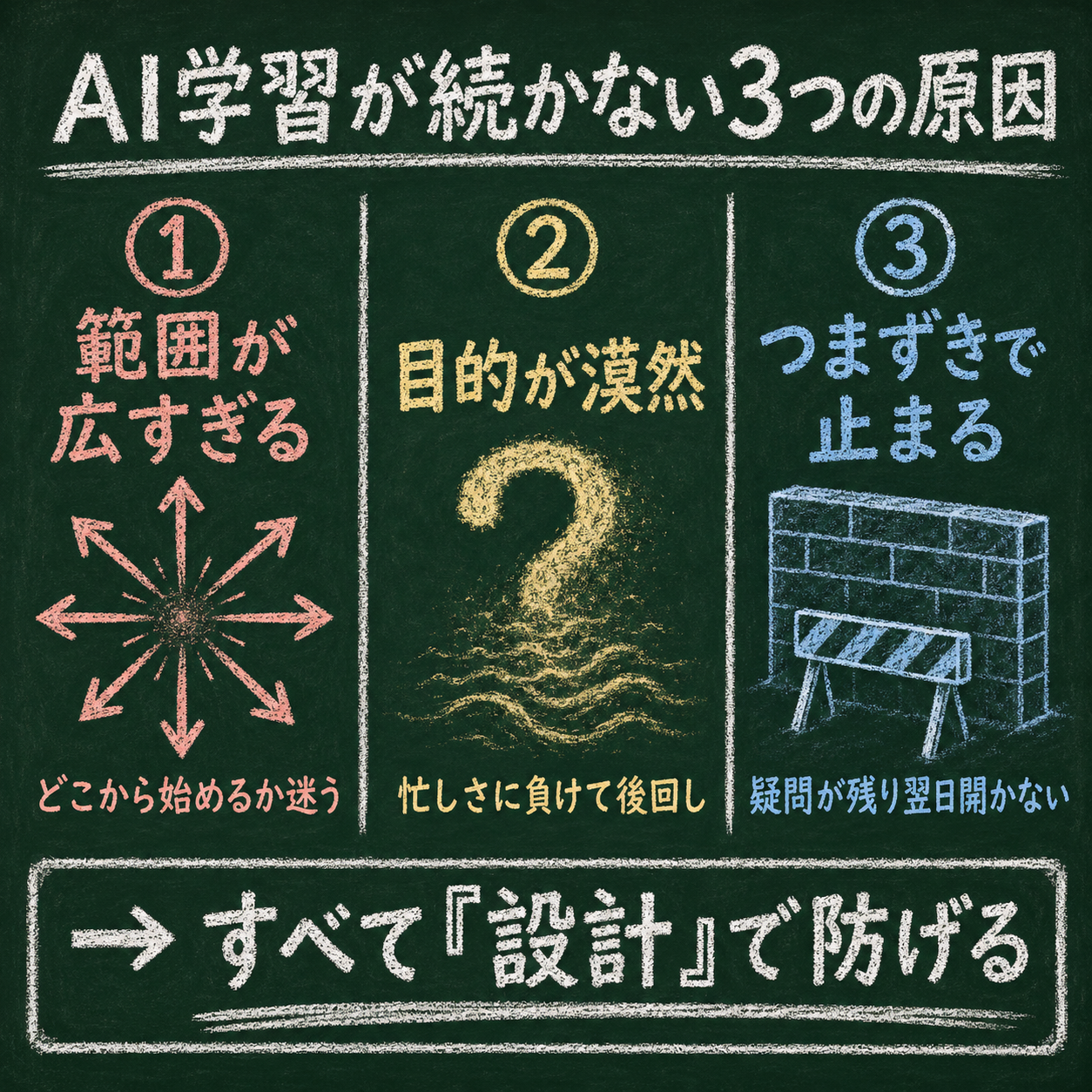 AI学習が続かない3つの構造的原因——範囲が広すぎる・目的が漠然・つまずきで止まる——を意志でなく設計の問題として並べた図