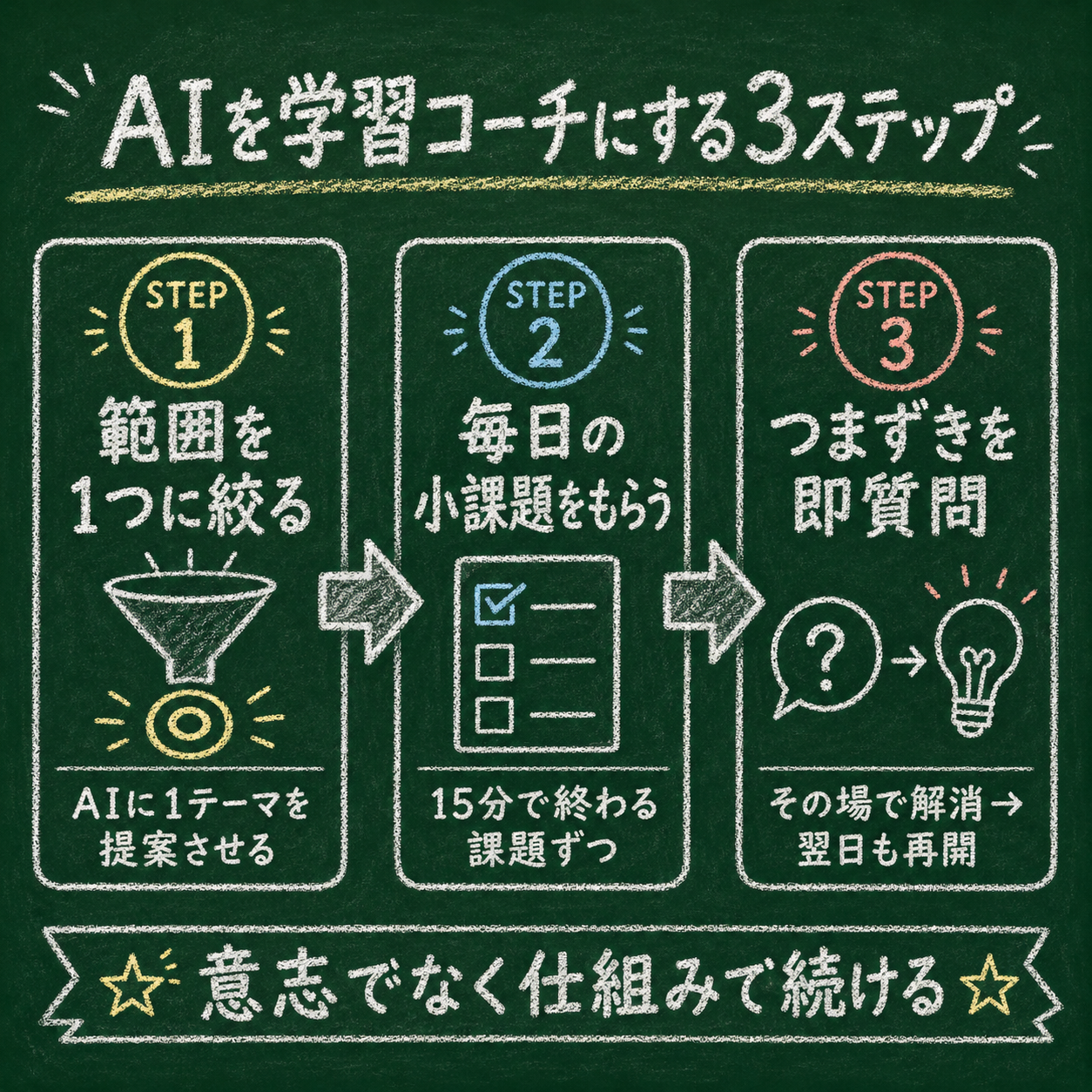 AIを学習コーチにする3ステップ——範囲を1つに絞る→毎日の小課題をAIに出させる→つまずきを即質問で解消——の流れを左から右へ示したフロー図