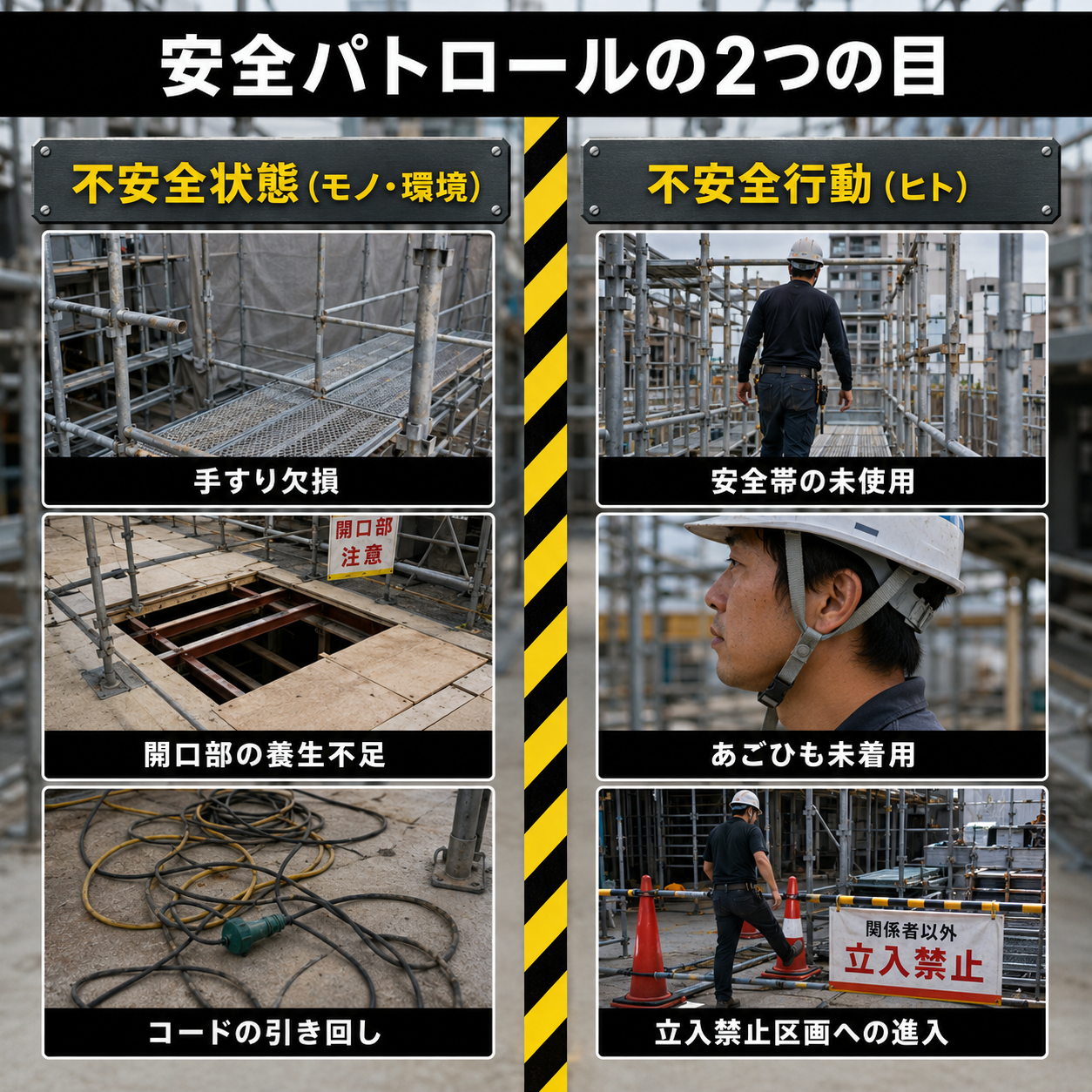 安全パトロールの2つの目を示す図。左が不安全状態（モノ・環境＝手すり欠損や開口部の養生不足など）、右が不安全行動（ヒト＝安全帯未使用やあごひも未着用など）の観点を対比