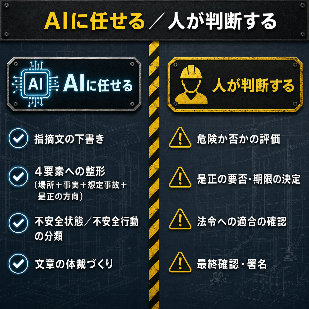 AIに任せる範囲と人が判断する範囲の線引き図。左がAI（指摘文の下書き・4要素整形・分類・体裁づくり）、右が人（危険か否かの評価・是正要否と期限・法令適合の確認・最終確認と署名）