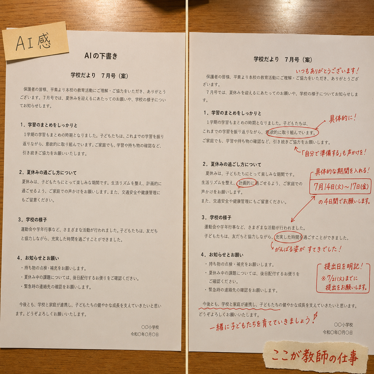 AIの無難な下書きに教師が日付・自分の言葉・具体的なお願いを赤入れするBefore-After図