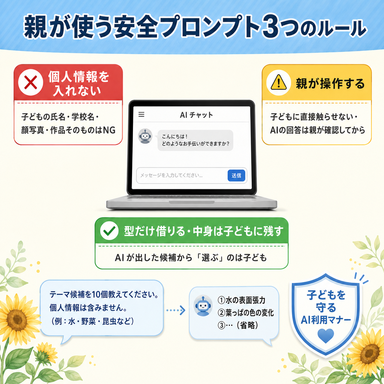 親が使う安全プロンプト例と声かけの図