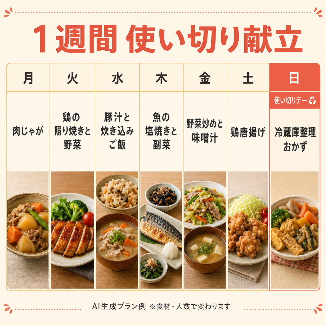 AIが在庫食材と予算から作った1週間の使い切り献立表（曜日別の夕食メニュー）