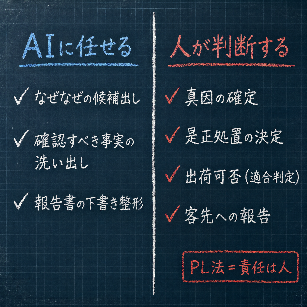 AIに任せる領域(なぜなぜの候補出し・確認すべき事実の洗い出し・報告書の下書き整形)と、人が判断する領域(真因の確定・是正処置の決定・出荷可否=適合判定・客先への報告)を縦の線で分けた線引き図。PL法=責任は人