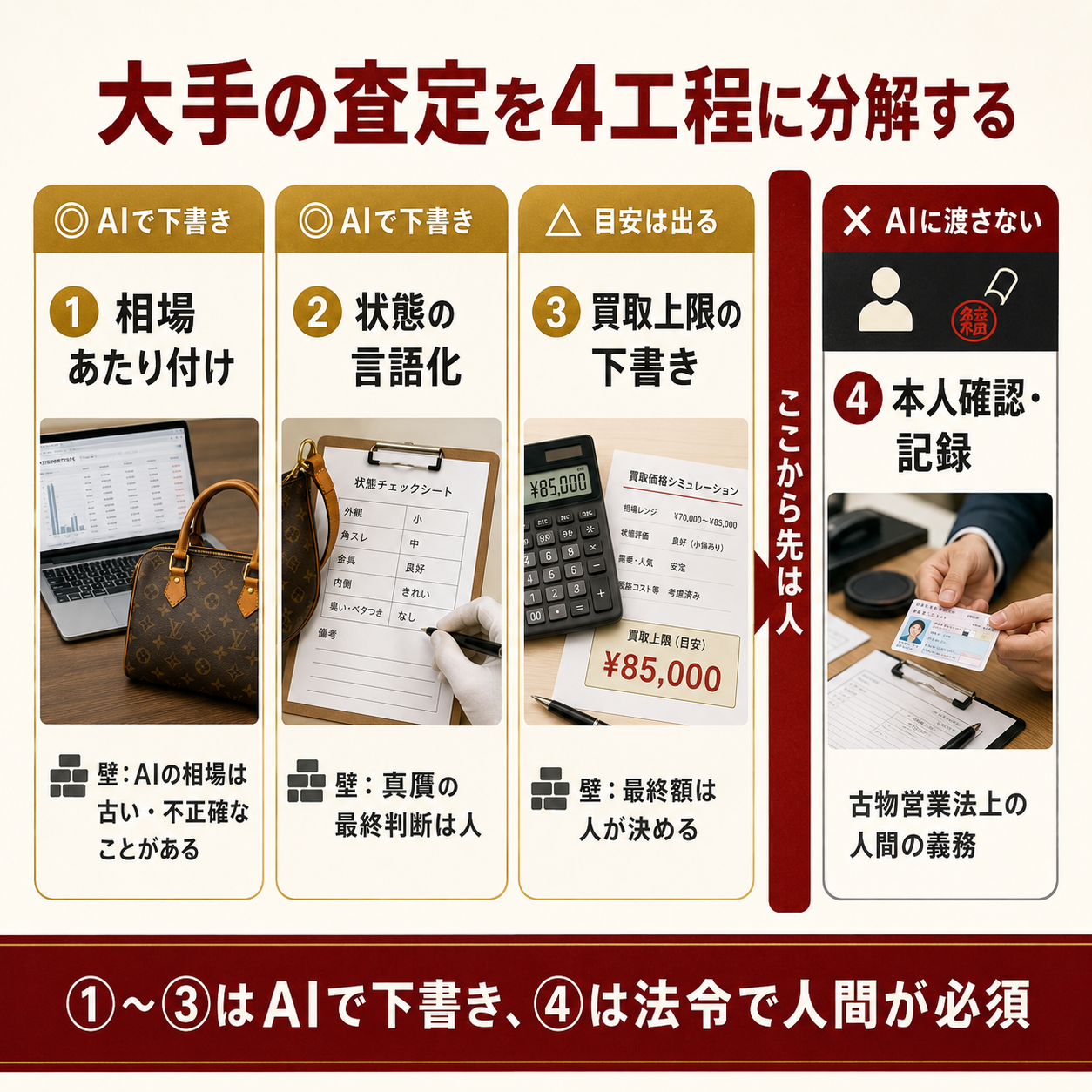 大手の査定を4工程に分解した地図。①相場あたり付け②状態の言語化③買取上限の下書きはAIで下書き再現でき、④本人確認・記録は古物営業法で人間が必須であることを色分けで示す図