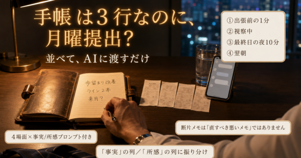 出張報告書、AIでどう書く？視察の断片メモを1本にする方法【2026】