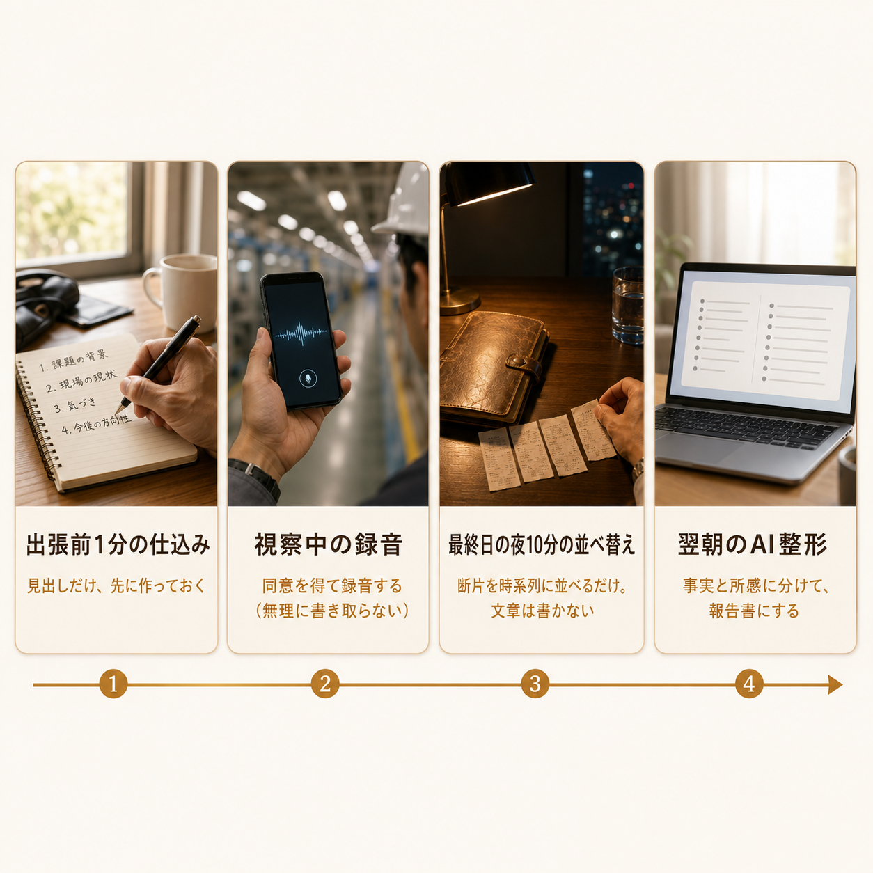 出張の4場面ワークフロー：出張前1分の仕込み→視察中の録音→最終日の夜10分の並べ替え→翌朝のAI整形