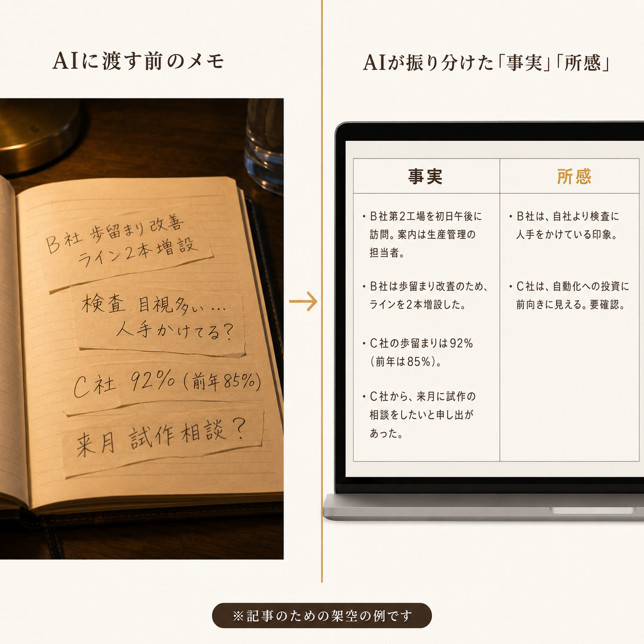 事実と所感の2列分離：走り書きと録音メモ（Before）を、事実の列と所感の列に振り分け、報告書の骨子にする（After）